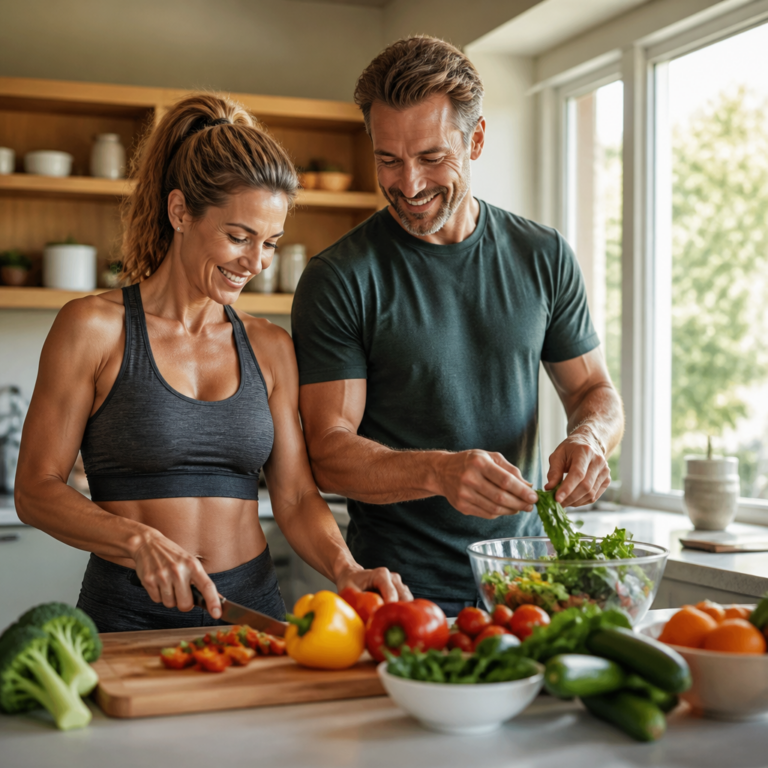 Fitness, Ernährung und gesund abnehmen ab 40: Ein Paar Mitte 40 bereitet eine gesunde Mahlzeit nach dem Training zu