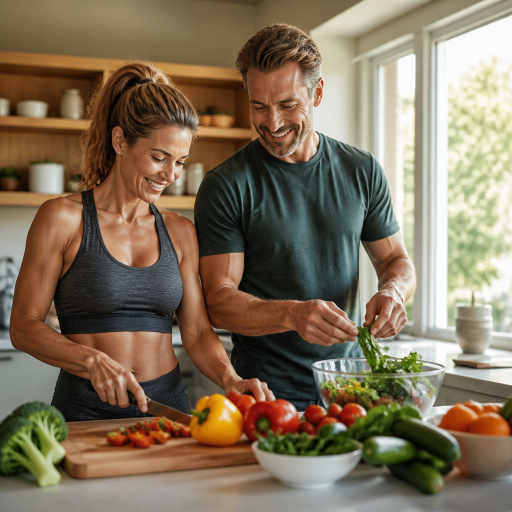 Fitness, Ernährung und gesund abnehmen ab 40: Ein Paar Mitte 40 bereitet eine gesunde Mahlzeit nach dem Training zu